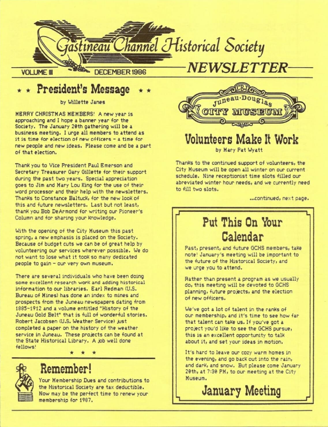 GCHS Newsletter Vol. III No. 3 December1986 | Gastineau Channel Historical  Society